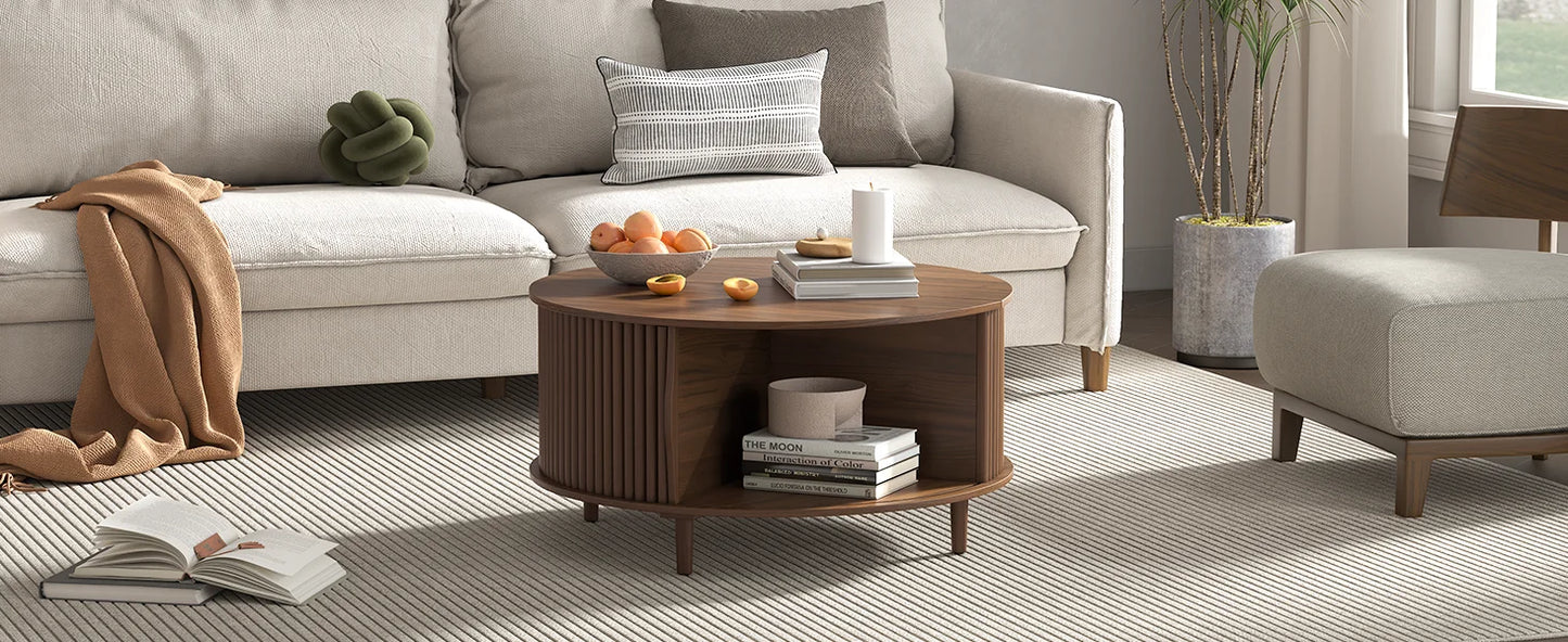 Round Coffee Table with Storage,Mid Century Modern Coffee Table with Sliding Cabinet Door,Coffee Tables,31.5" Small Center Table