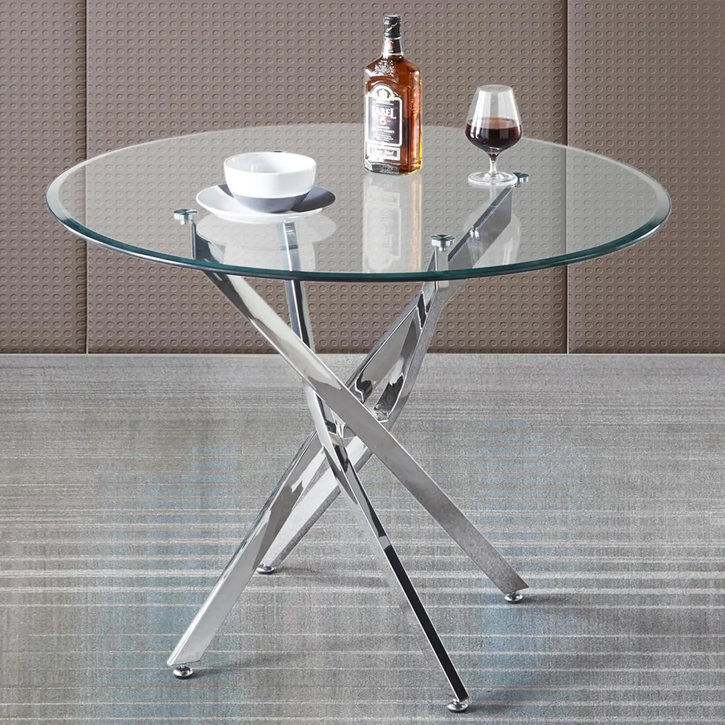 Glass Dining Table Set for 4 with Chairs, Modern 5 Piece Dining Room Set with 36" Round Tempered Glass Table & 4 Velvet Chairs