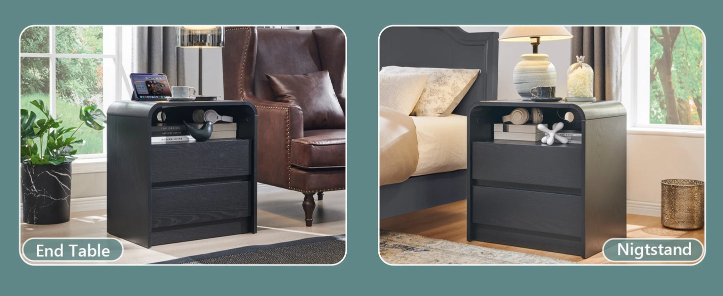 25" Tall Modern Nightstand with Charging Station, 23.6'' Wide Wood Bedside Table w/2 Storage Drawers,for Bedroom, Living Room