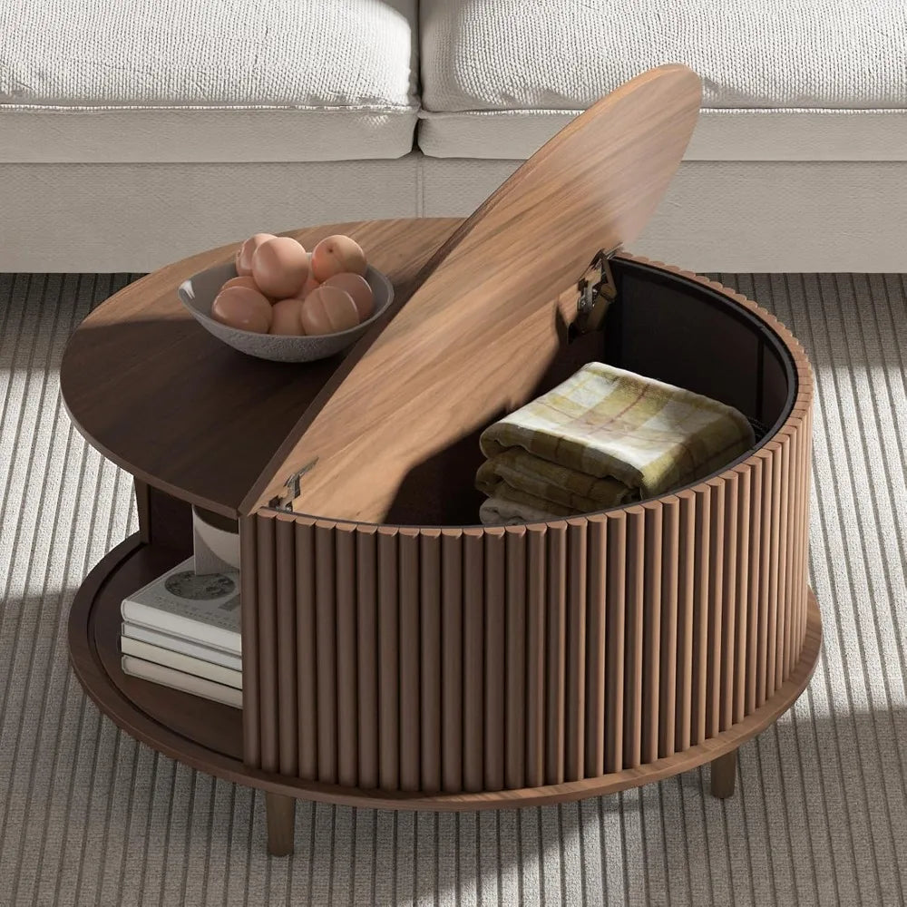 Round Coffee Table with Storage,Mid Century Modern Coffee Table with Sliding Cabinet Door,Coffee Tables,31.5" Small Center Table