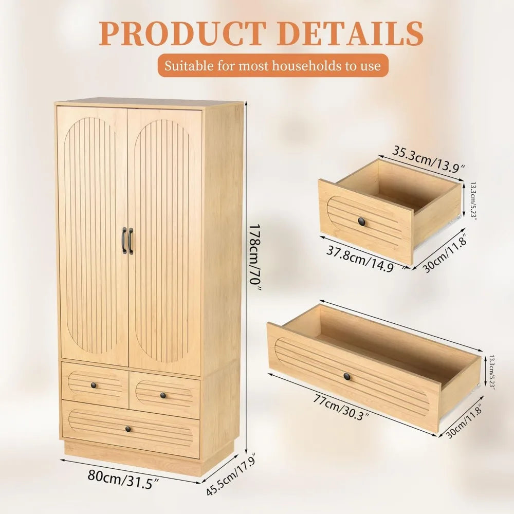 Wood Armoire Wardrobe Closet with Doors with 3 Drawers