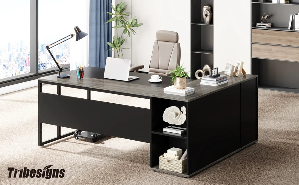 71 inch Executive Desk, L Shaped with Cabinet Storage