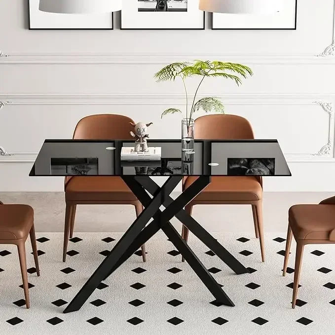 Rectangular Glass Dining Table Kitchen Glass Top Table for 4 with Metal Legs,Dining Table Kitchen Glass Tables for Kitchen