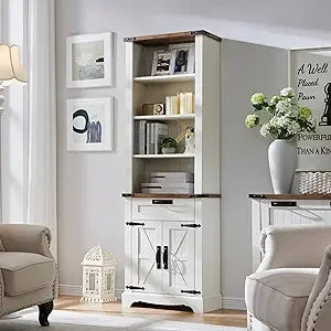 72'' Bookshelf with Storage, Bookcase with Barn Door