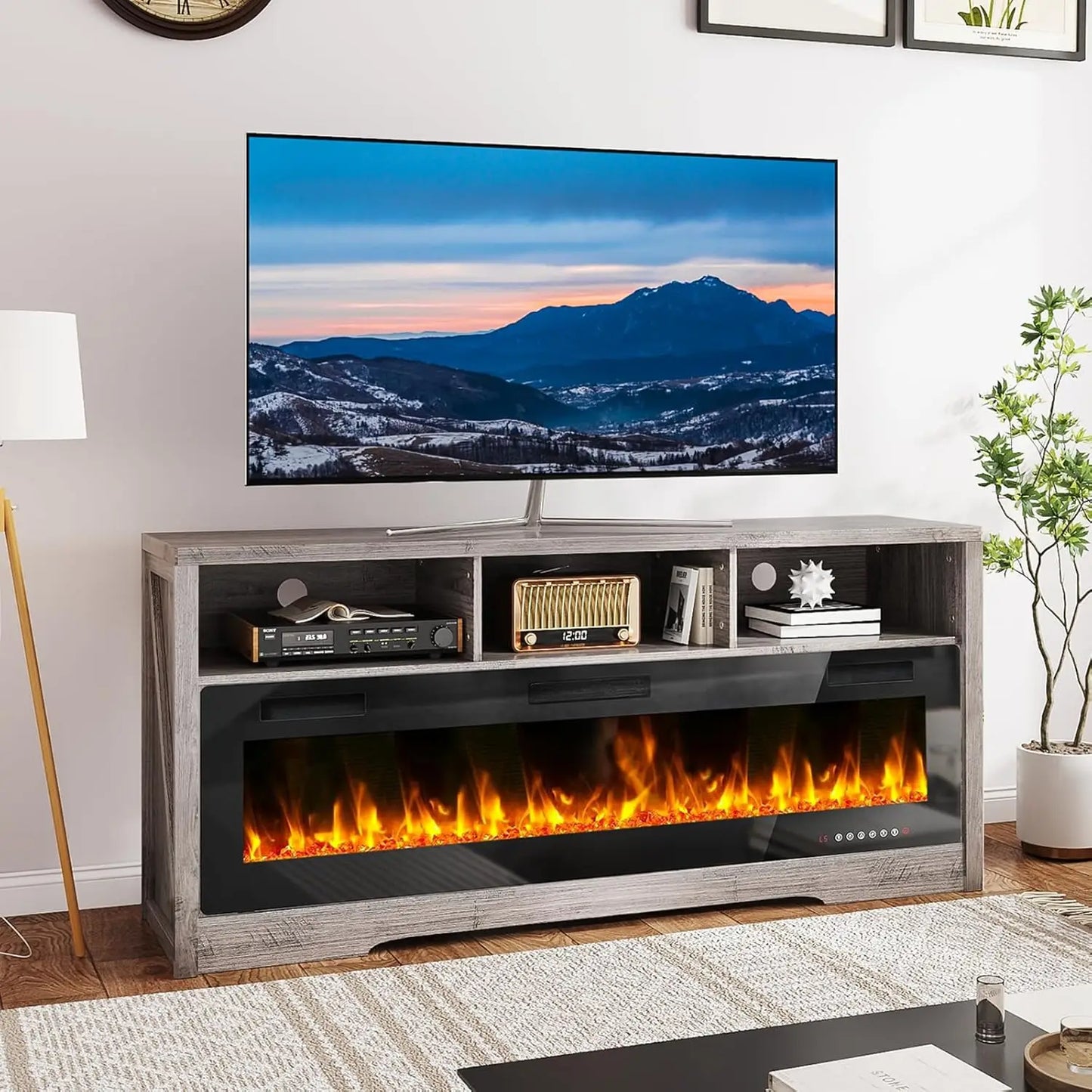 Fireplace TV Stands with Open Storage Shelve