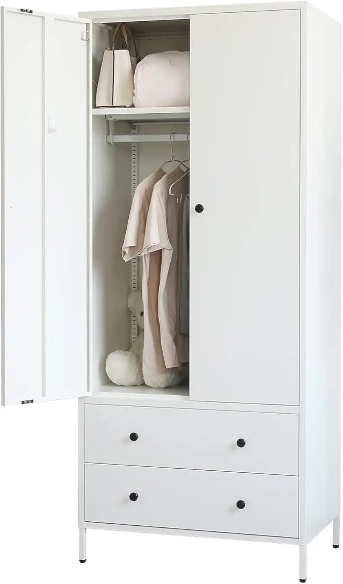 Wardrobe Closet, Metal Armoires with Two Drawers