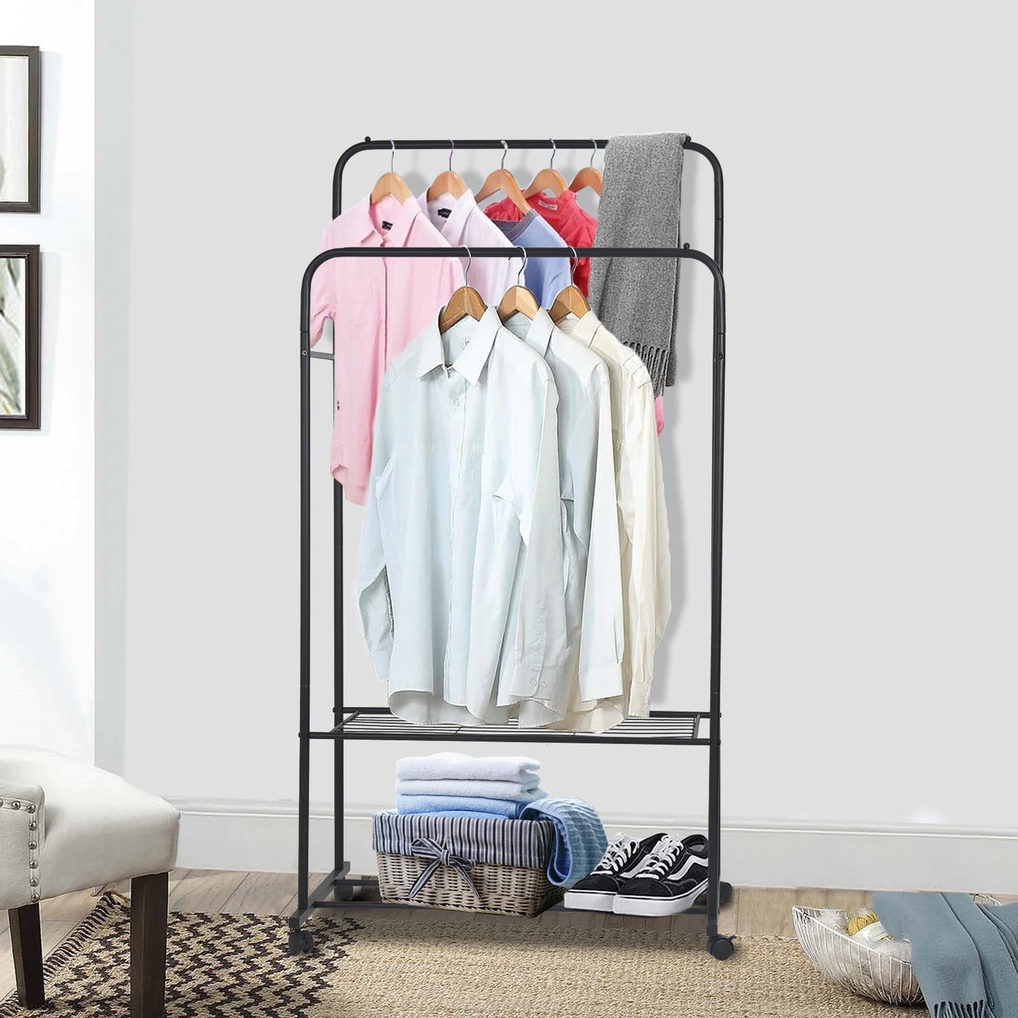Coat Rack Double Rail Rolling Stand Shoes Rack Storage Shelf