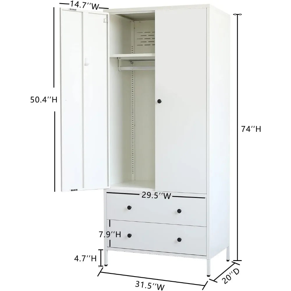 Wardrobe Closet, Metal Armoires with Two Drawers