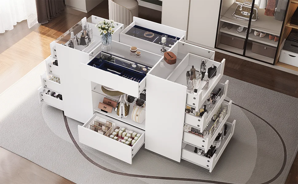 Glass Display Shelf & 12 Drawers, White Dresser with Glass Top