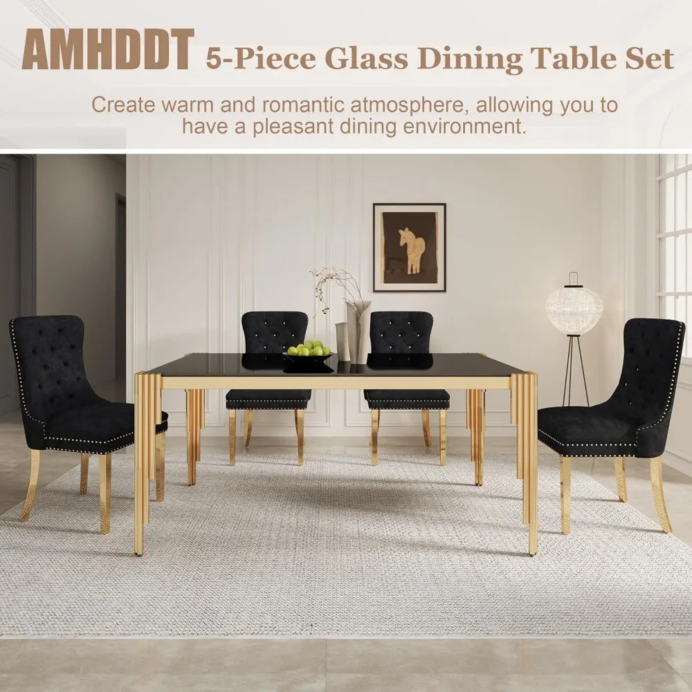 5 Piece Glass Dining Table Set for 4 People, 63" Rectangular Glass Kitchen Table with 4 Velvet Upholstered Chairs, Dining Room