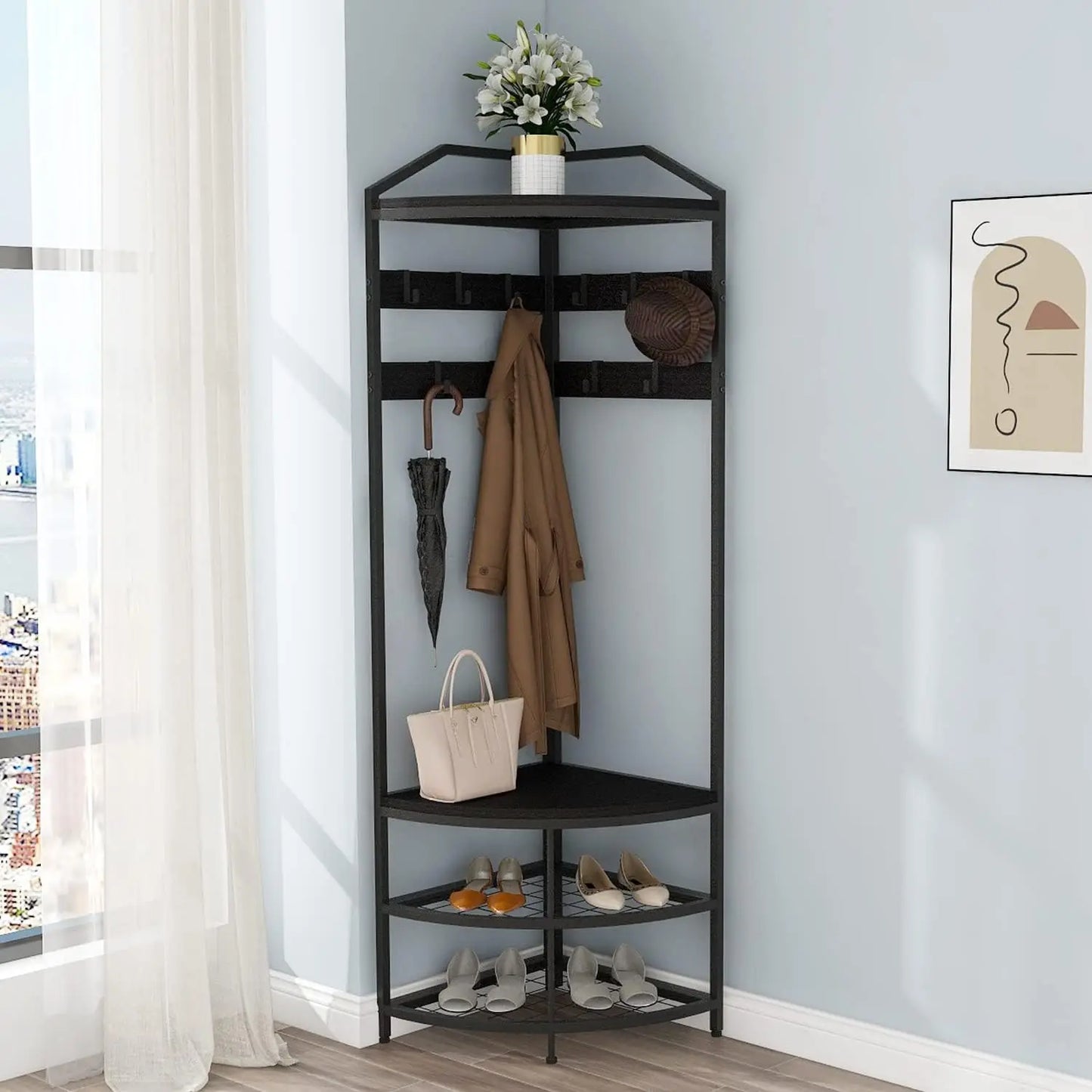Entryway Coat Rack with Shoes Shelf Organizer