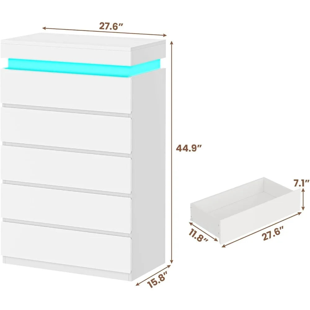 Tall 5 Drawer Dresser, Chest of Drawers with LED Light