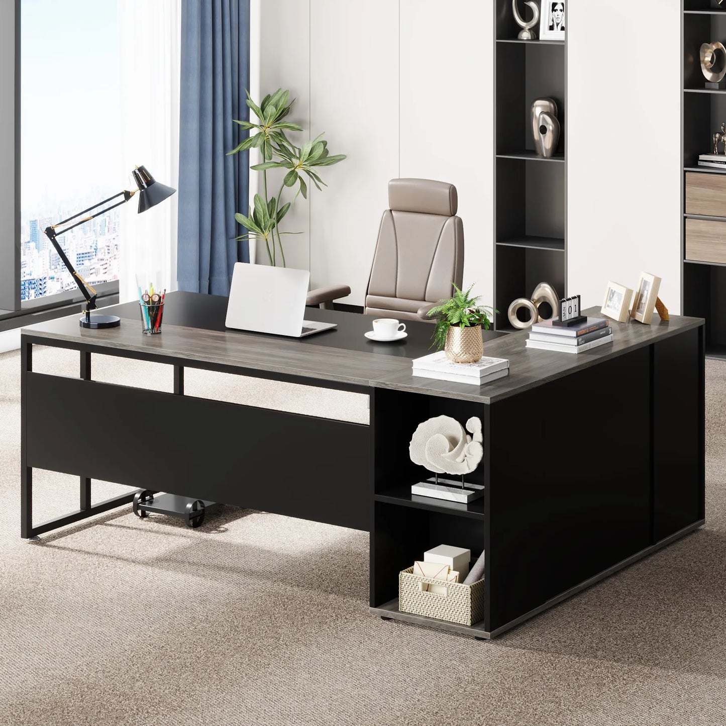71 inch Executive Desk, L Shaped with Cabinet Storage