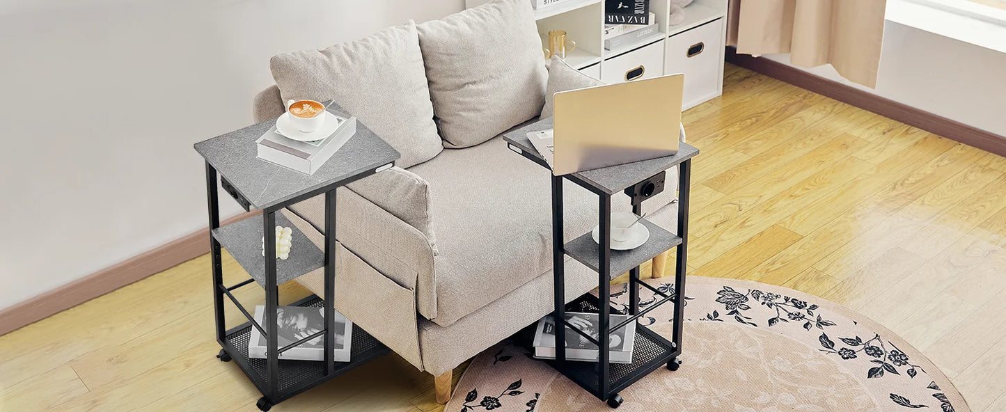 Redlife C Shaped End Table w/ Charging Station Side Table for Couch Sofa Table w/ Storage Shelf & Rolling Wheels for Small Space