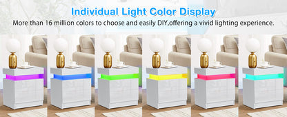 Nightstand RGB LED Light Bedside Table Cabinet with 2 Drawer Bedroom High Gloss