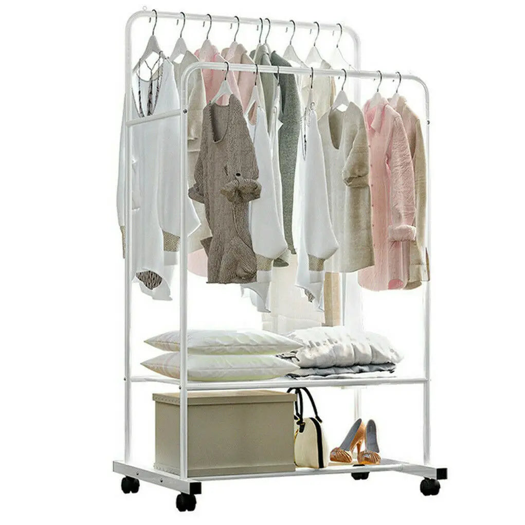 Coat Rack Double Rail Rolling Stand Shoes Rack Storage Shelf