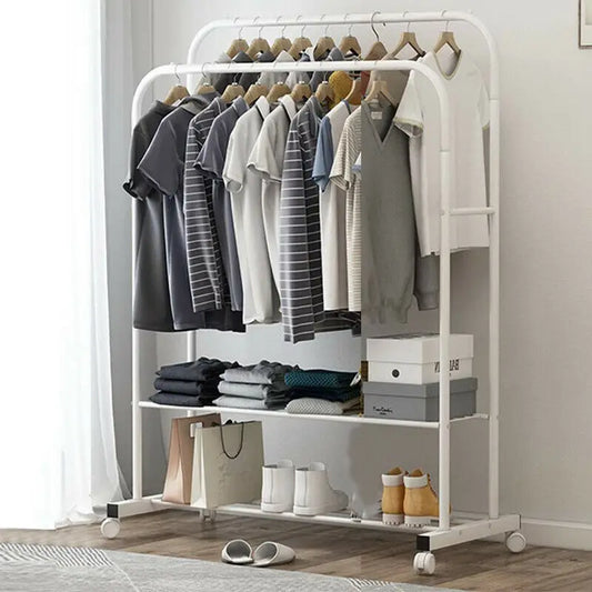 Coat Rack Double Rail Rolling Stand Shoes Rack Storage Shelf