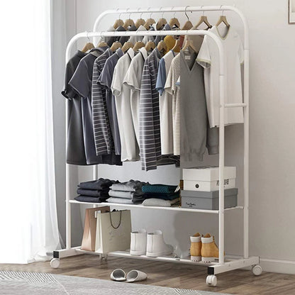 Coat Rack Double Rail Rolling Stand Shoes Rack Storage Shelf