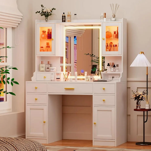 Vanity Table Set with Charging Station, Dresser with Mirror