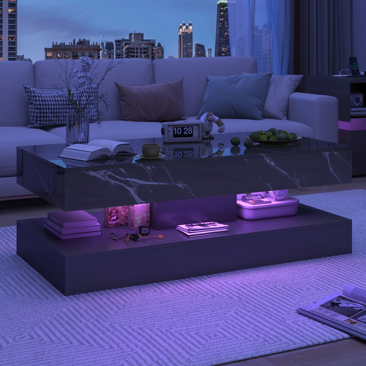 Modern Stylish Coffee Table with LED lights, Double-Layer Design for Living Room Coffee Table with 2 Storage Drawers