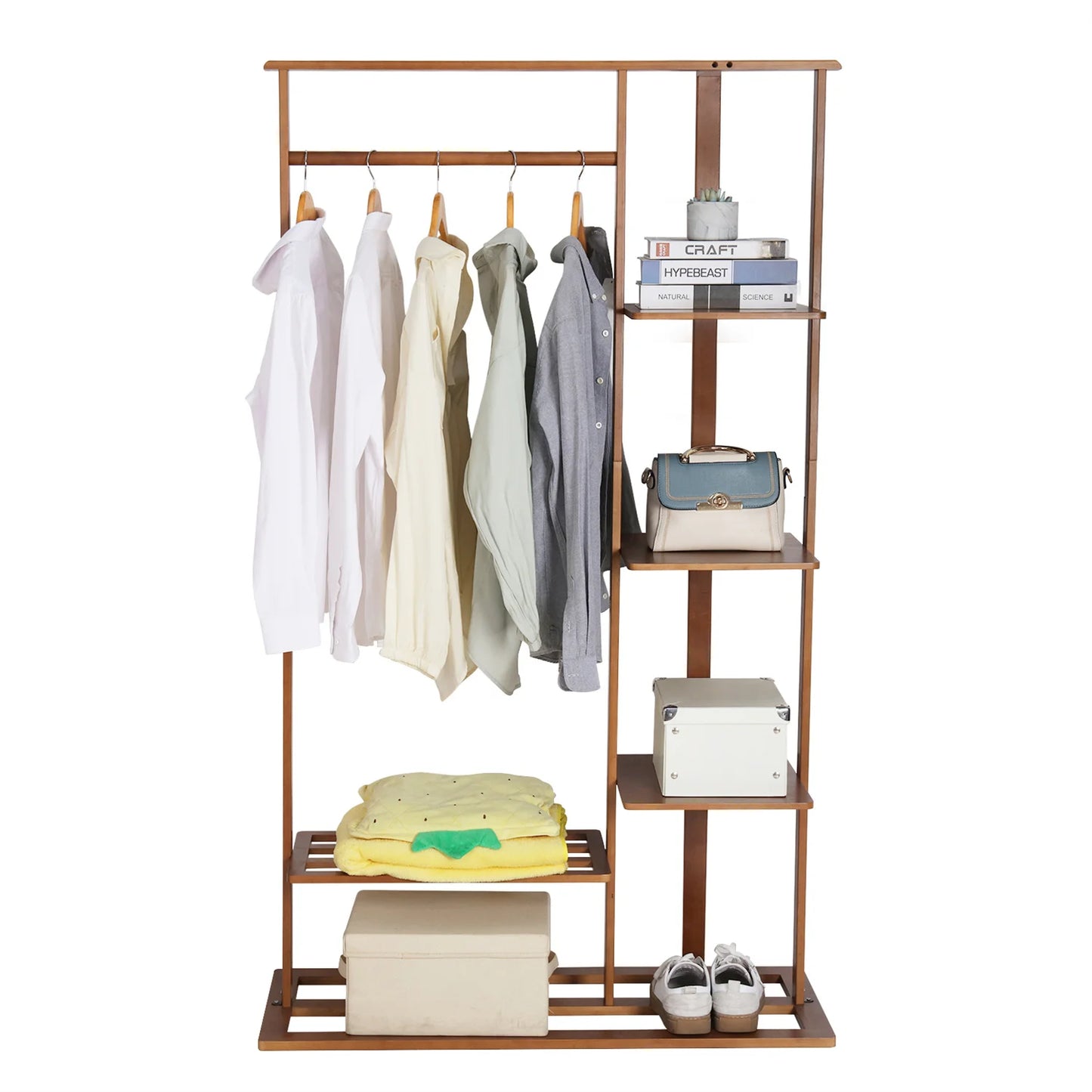 3-in-1 Bamboo Coat Rack with Shelves & Shoe Bench