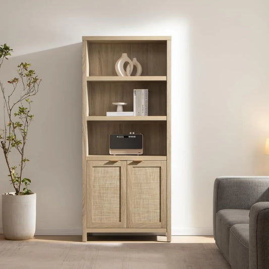 Rattan Bookcase with Doors, Large Bookshelf