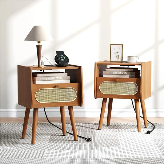 Night Stand Set 2, Mid Century Modern Nightstands,Bedside Table with Charging Station & Rattan Decor Drawer, Boho End Table