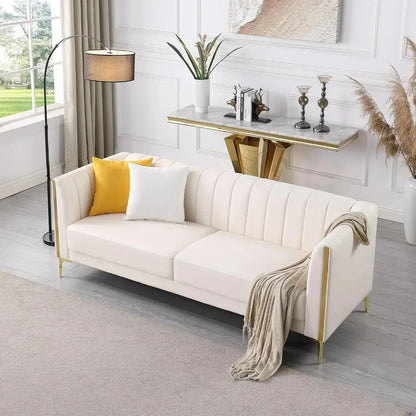 White Couches, Comfy, Faux Leather Sofa 3 Seater, 2 Throw Pillows