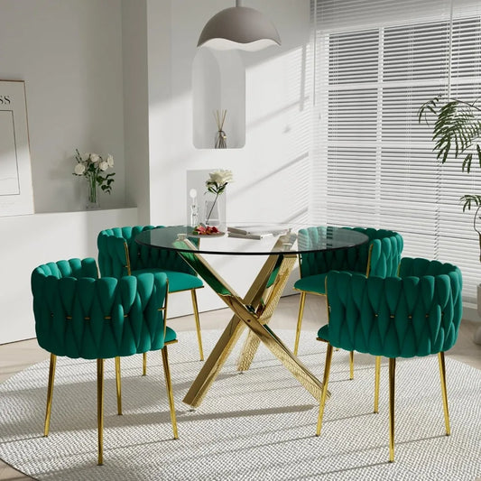 Golden Round Glass Dining Table Set for 4, 39'' Clear Dinner Table Set, 5 Pieces Modern Luxury Circle Kitchen Table and Green