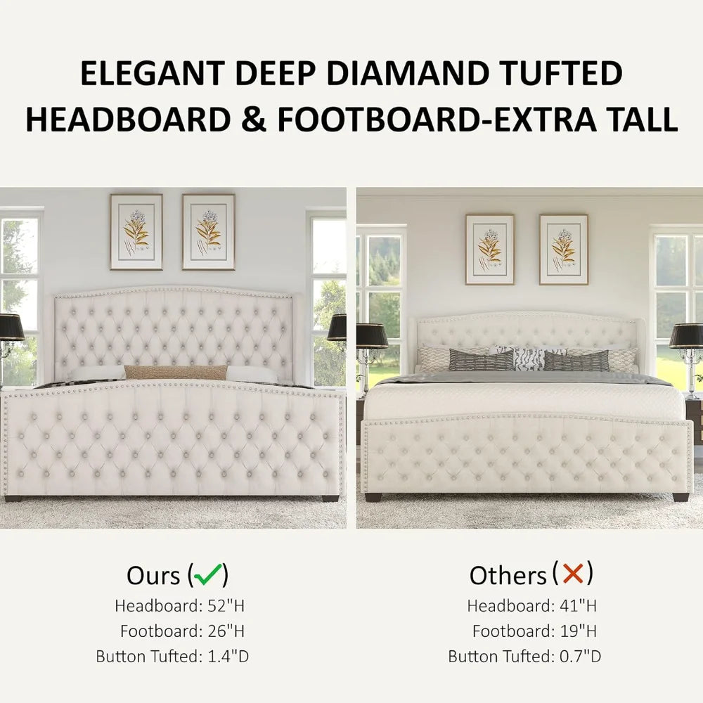 King& Queen Size Bed Frame, Velvet Upholstered