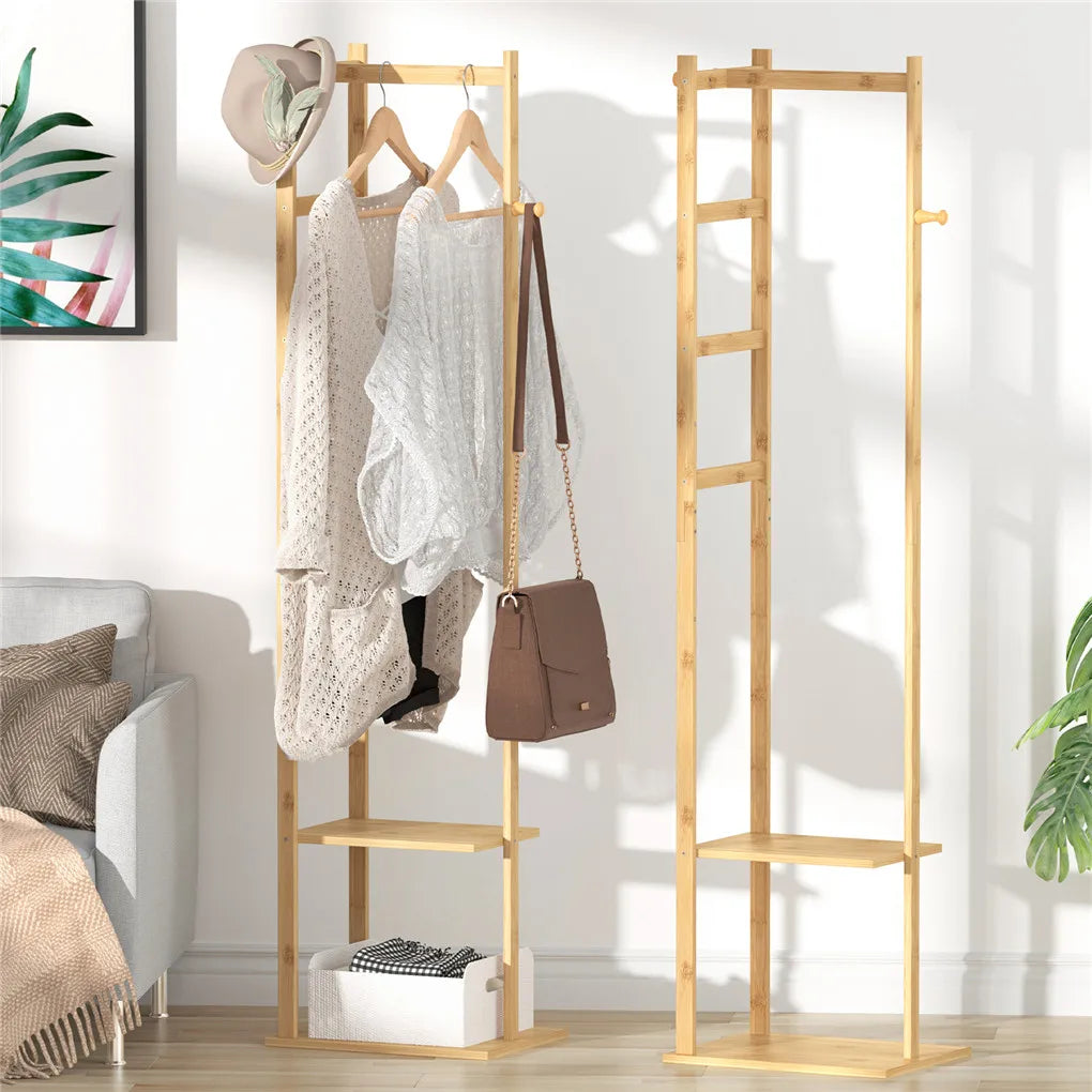 Heavy Duty Bamboo Coat Stand with Hook and Shelves