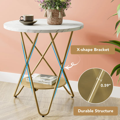 Tribesigns 2 Tier Faux Marble End Table Round Side Table with Shelves Small Coffee Accent Table for Living Room, White and Gold