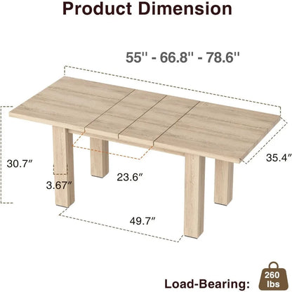 Extendable Dining Table for 6 8 10,55''to 78"Wood Kitchen Table Mid Century Modern Large Transformer Rectangle Dining Room Table