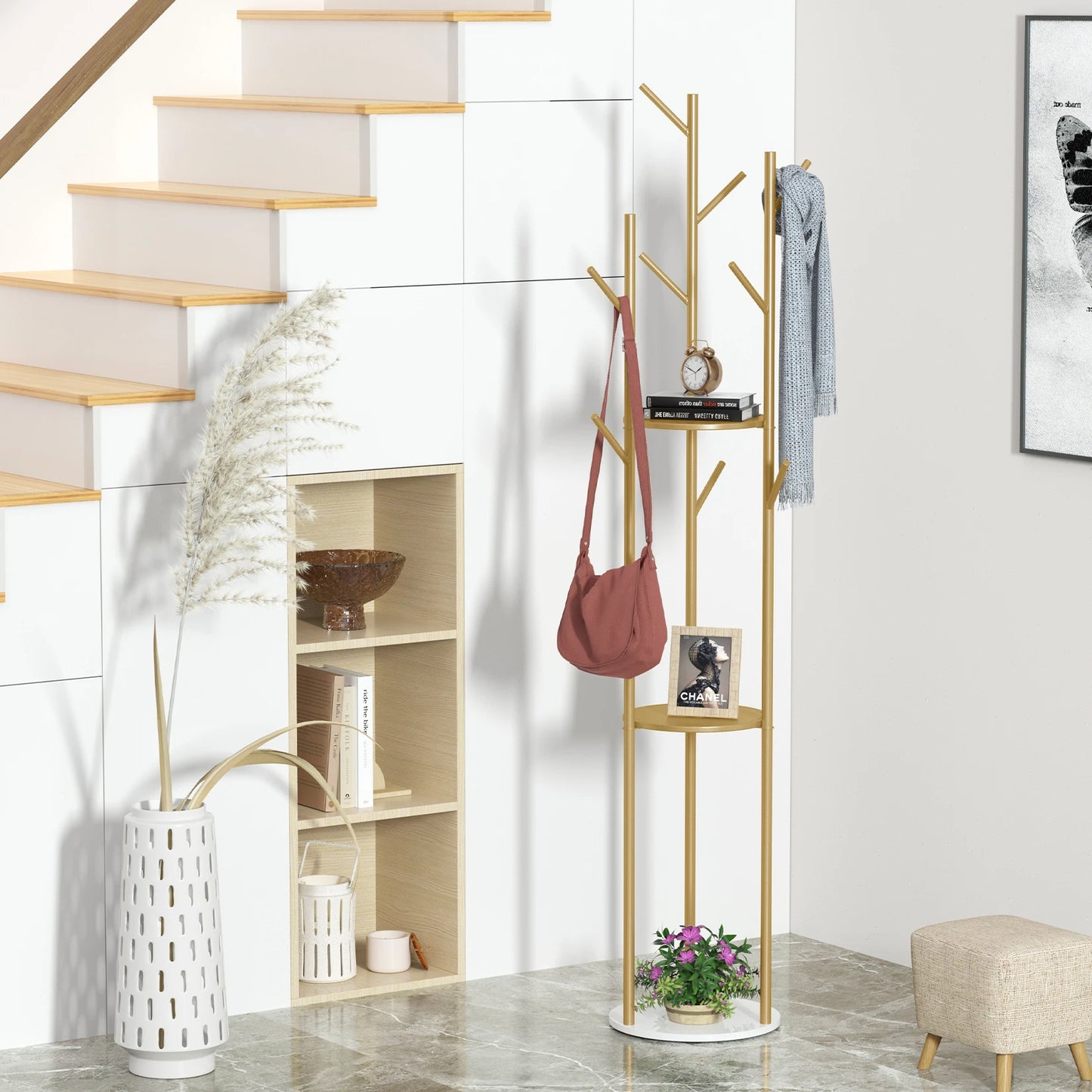 Marble Metal Coat Rack with 3 Storage Shelves and 9 Hooks