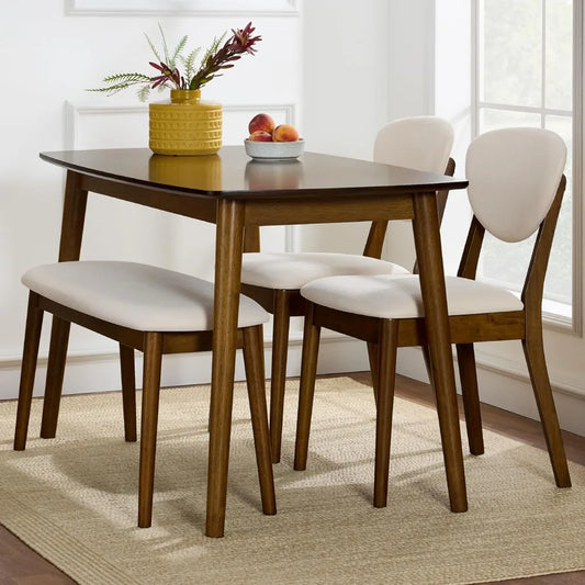 Mid-Century Modern Wood Dining Kitchen Table & Chair Best Choice Products 4-Piece Set w/ 2 Upholstered Chairs, Bench Seat -Brown