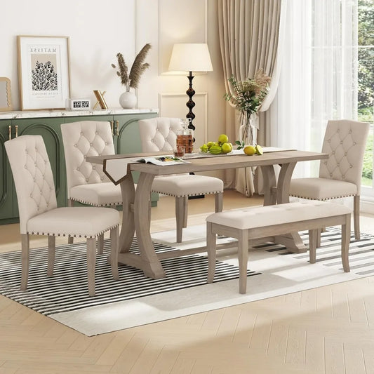 Farmhouse Dining Table Set for 6, Kitchen Table Set with Chairs and Bench, 6 Piece Solid Wood Dining Room Set with Trestle Table