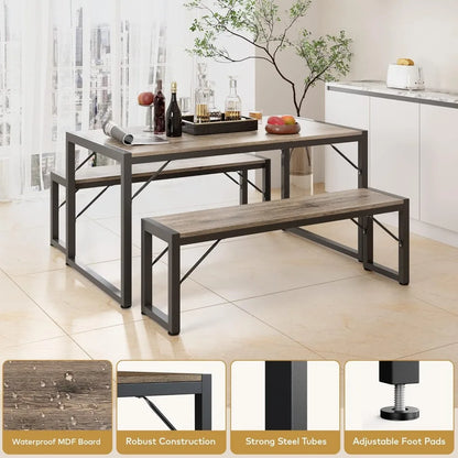 Dining Table Set for 4, with 2 Benches, Dinner Table Set with Metal Frame, Space-Saving Dinette, Dining Room Set