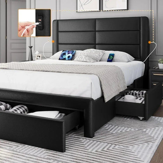 Queen Size Bed Frame Platform with 2USB Charging Station