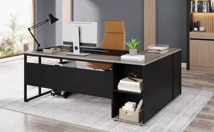 71 inch Executive Desk, L Shaped with Cabinet Storage