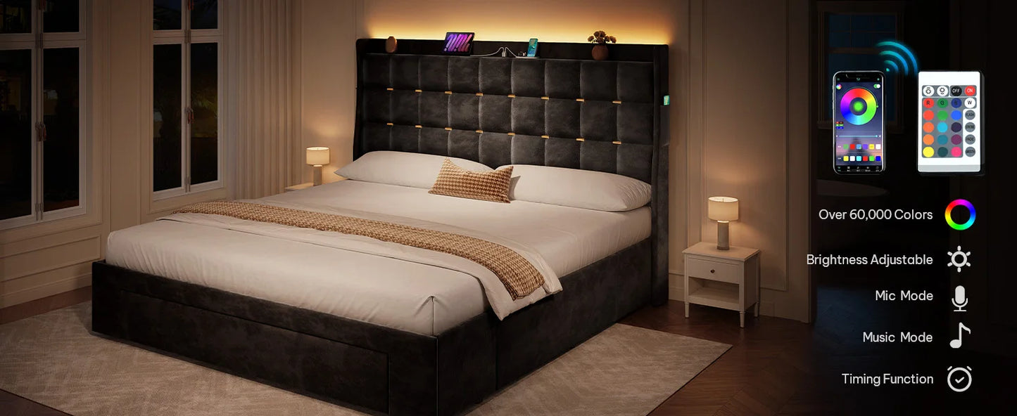 Queen Size Bed Frame with 3 Storage Drawers , Velvet Upholstered