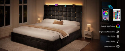 Queen Size Bed Frame with 3 Storage Drawers , Velvet Upholstered