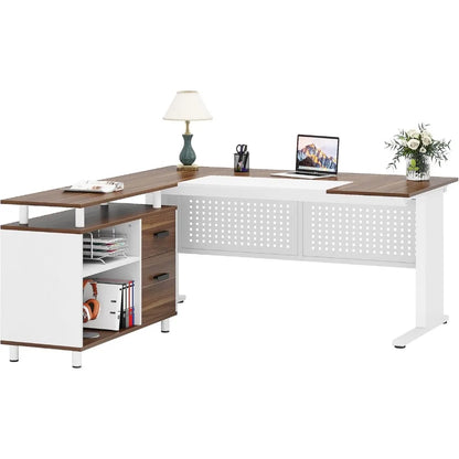 63 Inch L shaped Desk - File Cabinet, Drawers and Shelves