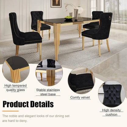 5 Piece Glass Dining Table Set for 4 People, 63" Rectangular Glass Kitchen Table with 4 Velvet Upholstered Chairs, Dining Room