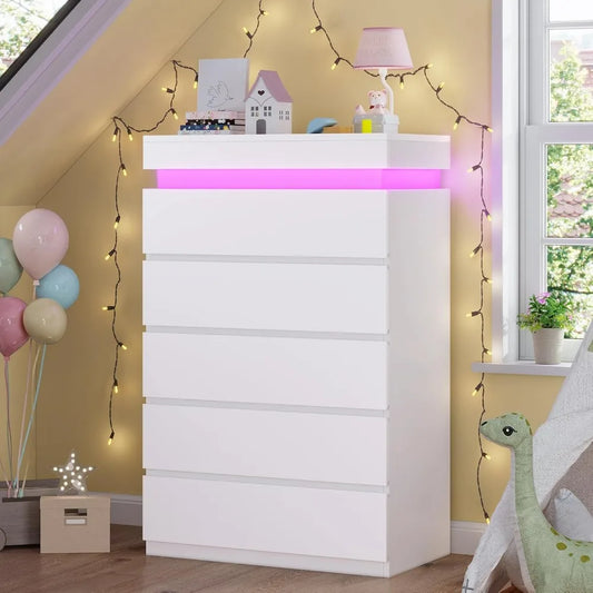 Tall 5 Drawer Dresser, Chest of Drawers with LED Light