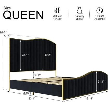 King & Queen Size Bed Frame Velvet Upholstered Platform Bed