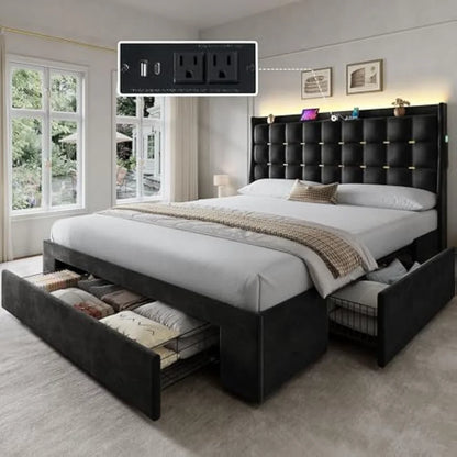Queen Size Bed Frame with 3 Storage Drawers , Velvet Upholstered
