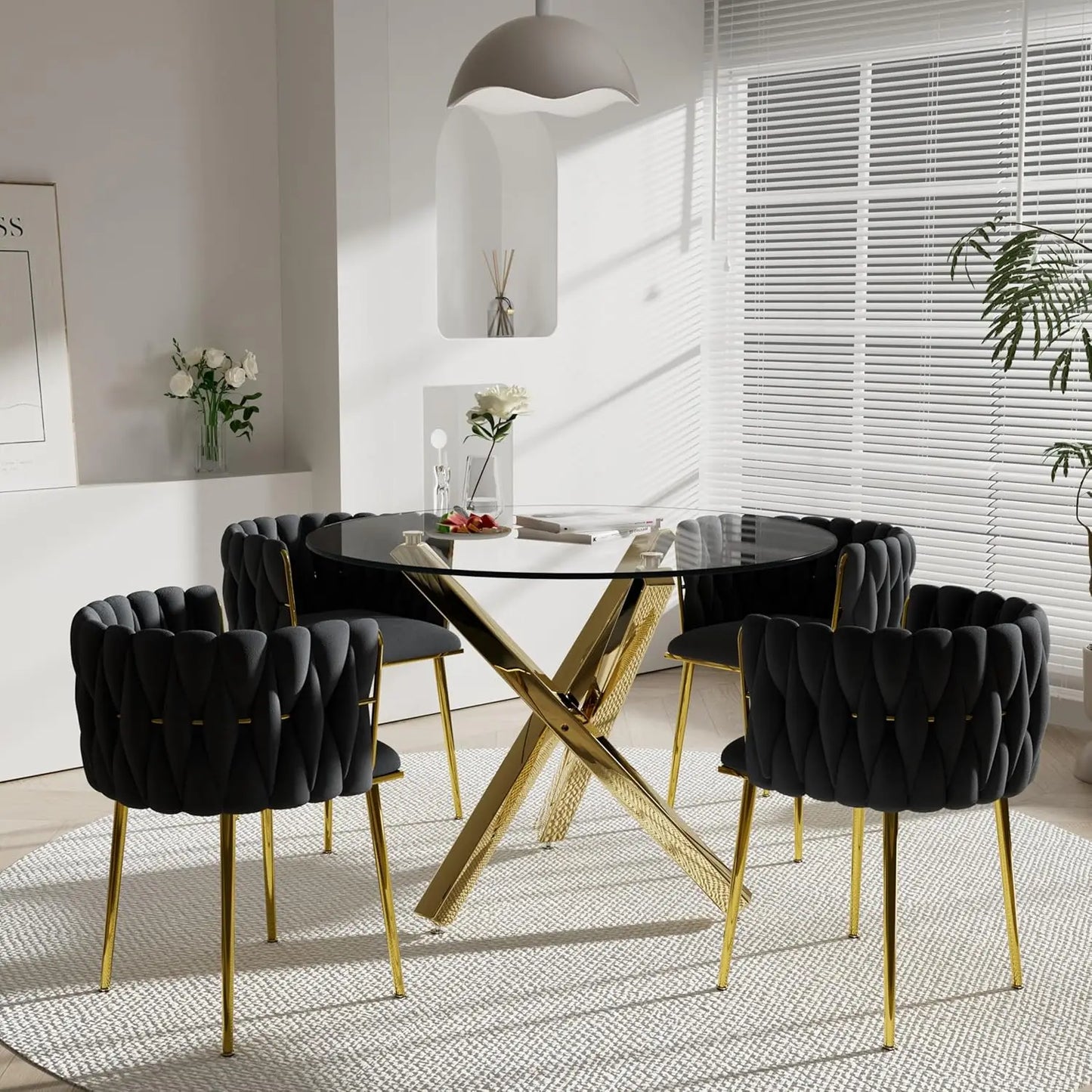 Golden Round Glass Dining Table Set for 4, 39'' Clear Dinner Table Set, 5 Pieces Modern Luxury Circle Kitchen Table and Green