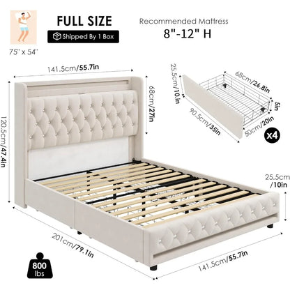 Velvet Upholstered Bed Frame with Storage – King, Queen, Full Sizes