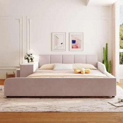 Queen Size Bed Frame with Bedside Desk and Little Round Stool