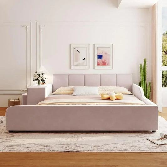 Queen Size Bed Frame with Bedside Desk and Little Round Stool
